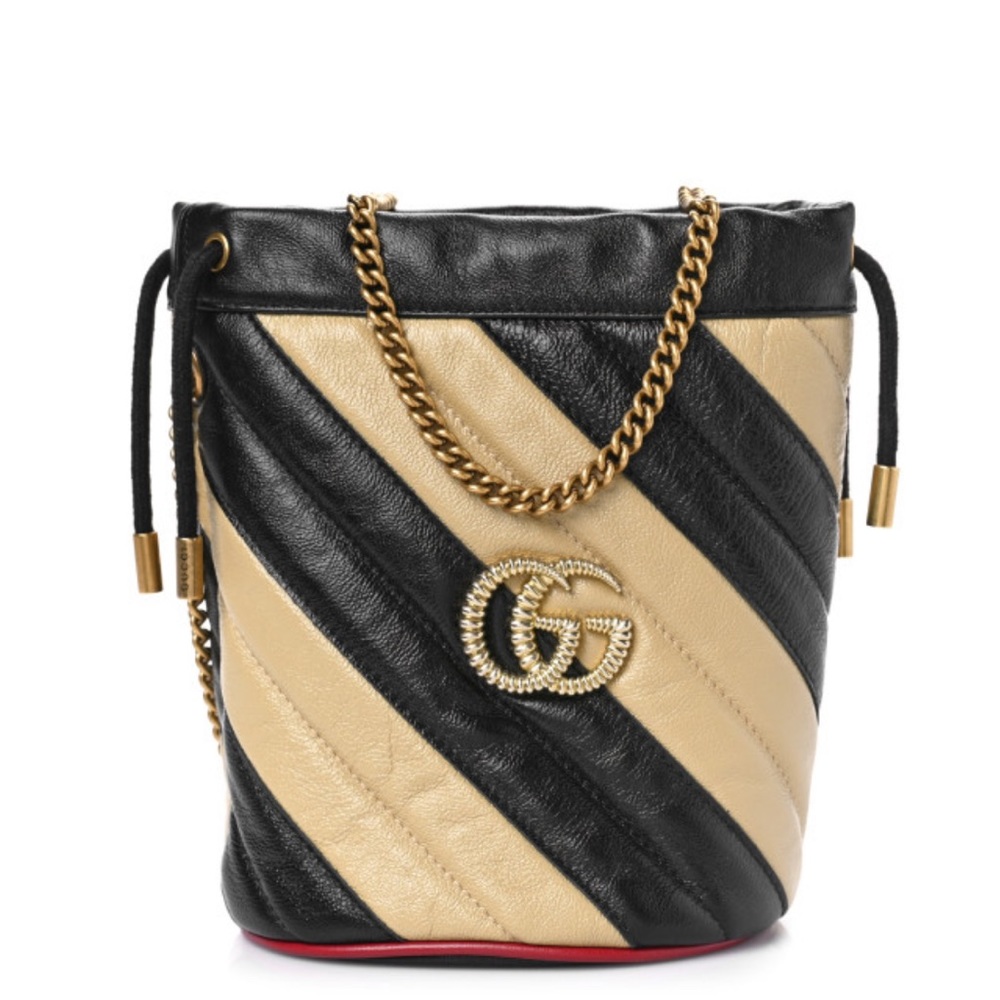 Gucci Striped Diagonal Mini Torchon GG Marmont  Bucket Bag Black Beige